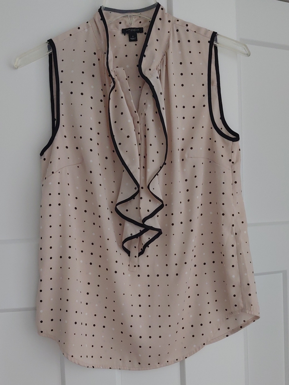 Ann Taylor Sleeveless Polka Dot Ruffle Front - Blush with Black Trim